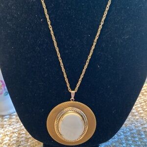 Gold-Tone Oval Pendant Necklace with White Center